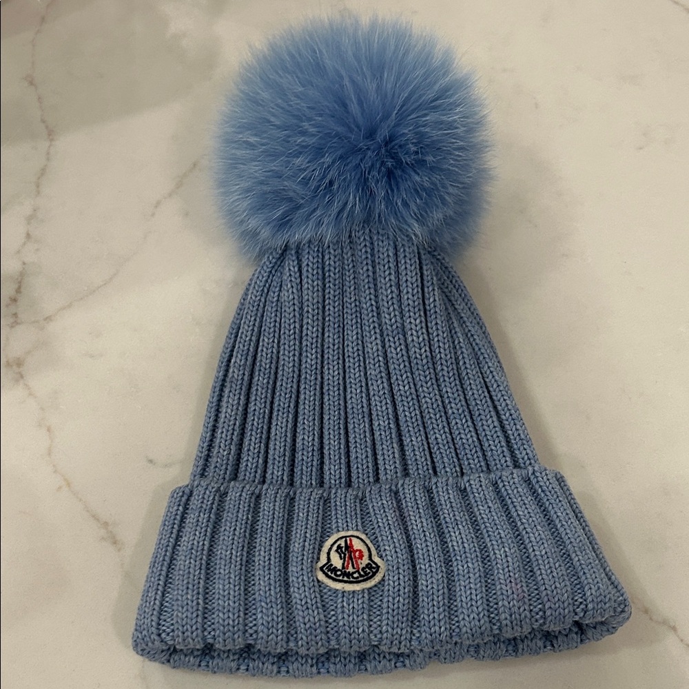 Moncler Light Blue Ribbed Beanie with Pom Pom